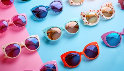 Various sunglasses displayed on azure and pink background