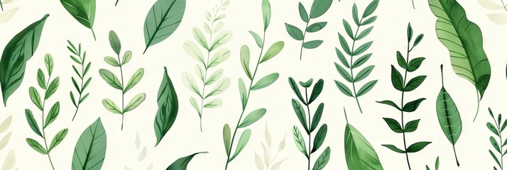 Obraz premium A seamless botanical watercolor illustration featuring a variety of green leaves, perfect for backgrounds, textiles, and eco-friendly concepts