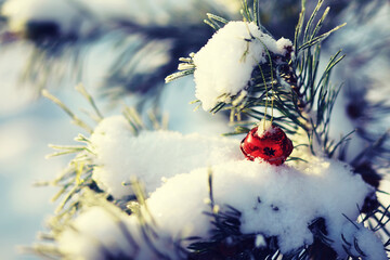 Christmas tree background and Christmas decorations with snow, blurred, sparking, glowing. Happy...