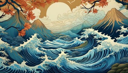 Sea Japanese style background illustration with waves
