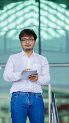 A man wearing a white shirt and glasses is holding a tablet in his hand