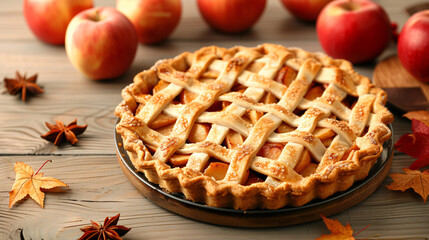 Naklejka na ściany i meble Plate with tasty homemade apple pie on wooden table