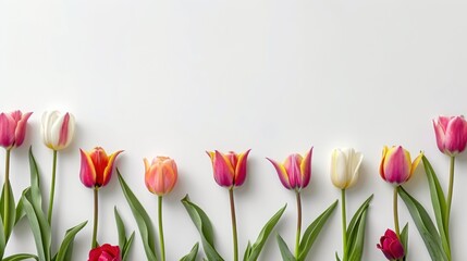 Vibrant tulips in a row on white background, colorful petals against the sky