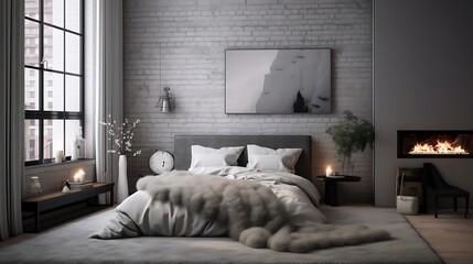 A monochromatic bedroom with shades of gray, plush bedding, and minimalist decor, offering a serene and sophisticated retreat.
