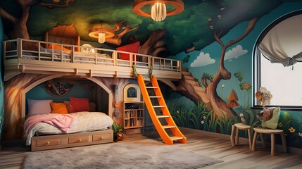 A playful and imaginative children's bedroom with a treehouse loft bed, colorful murals, and built-in toy storage, sparking creativity and adventure. - obrazy, fototapety, plakaty