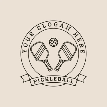 pickleball tournament line art logo with emblem, rackets and ball vector illustration minimalist design.