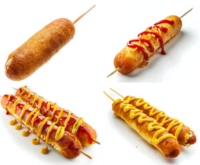 Set of corn dogs with mustard isolated on white background.
