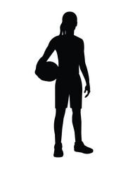 Black silhouette of a women's basketball girl player who stands with the ball straight