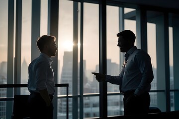 Fototapeta premium business people speaking in office in the evening time in the front of window, business people in office