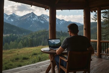 person with laptop in the mountains