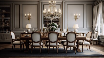 Fototapeta na wymiar A timeless formal dining room with a grand chandelier, polished wood table, and elegant upholstered chairs, perfect for hosting memorable dinner parties.