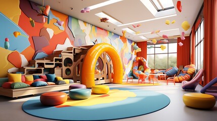 A vibrant and colorful playroom with interactive wall art, modular furniture, and a soft play area, inspiring imaginative play and creativity. - obrazy, fototapety, plakaty