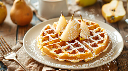 Plate with tasty waffles and pears on table