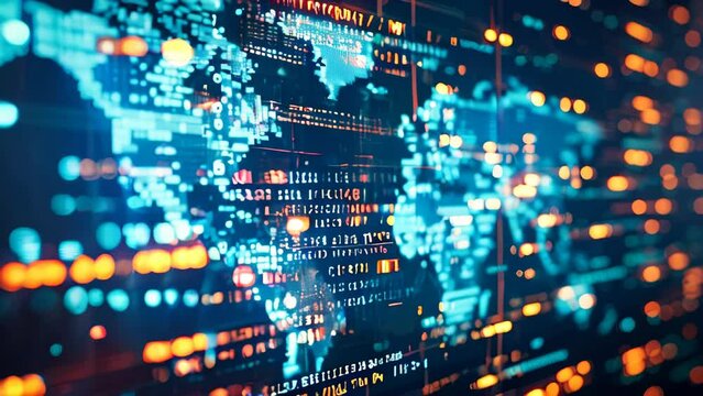 Program code lines and world map on a futuristic screen