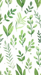 Fototapeta premium A seamless botanical watercolor illustration featuring a variety of green leaves, perfect for backgrounds, textiles, and eco-friendly concepts