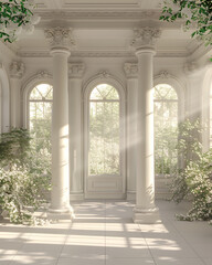 Naklejka premium An artistic room with symmetrical columns, arched windows, and lush plants creating a green facade within the building