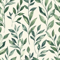 Fototapeta premium A seamless botanical watercolor illustration featuring a variety of green leaves, perfect for backgrounds, textiles, and eco-friendly concepts