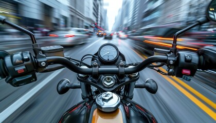 Person riding motorcycle in city with automotive lighting and tire on road