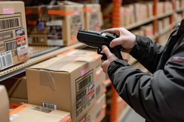 Closeup of employee scanning boxes for price, barcode or information at store.