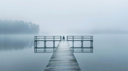 Accessible fishing pier extending into a calm lake, early morning 