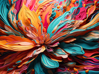 A striking abstract background of a flower is created by the dancing of vibrant colours over painted blossoms.
