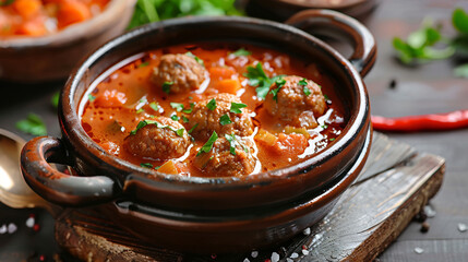 Pot with tasty meatball soup on table closeup