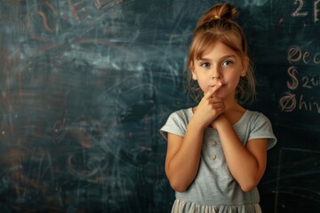 Blond girl happily covers mouth with arm while standing by blackboard