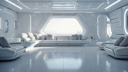 The design of a white living room on a spaceship, starship, or planet. Inside the internal compartment of a futuristic spacecraft. Space, science fiction, technology, and future