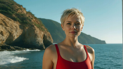 Obraz premium Mature Short Hair Blonde Woman Red Bikini Sunny Afternoon Cliffs Sea Ocean
