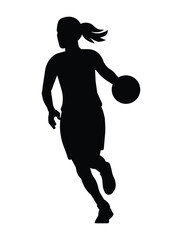 Black silhouette of a girl's basketball player runs with a ball and dribbling