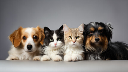group of puppies and cat 