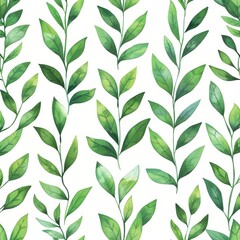 A seamless botanical watercolor illustration featuring a variety of green leaves, perfect for backgrounds, textiles, and eco-friendly concepts