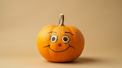 Pumpkin with drawn face and undereye patches on beige