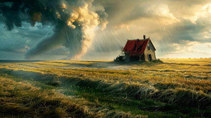 Obraz premium A tornado against a backdrop of gray clouds, a field and old house. Landscape with storm.