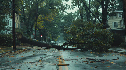 A large tree fallen across a wet road, viewed from inside a car.