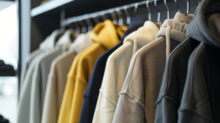 Rack with stylish hoodies in modern room closeup - Powered by Adobe