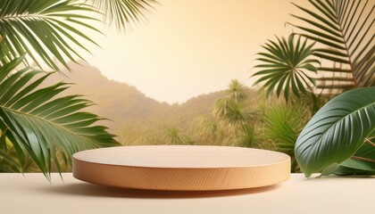 Obraz premium Nature's Showcase: Wooden Podium in Tropical Setting for Product Presentation