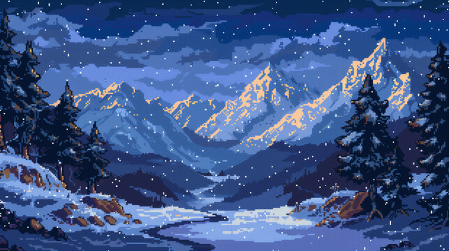 pixel art of snowvy moutain dungeon background battle scene in RPG old school retro 16 bits, 32 bits game style