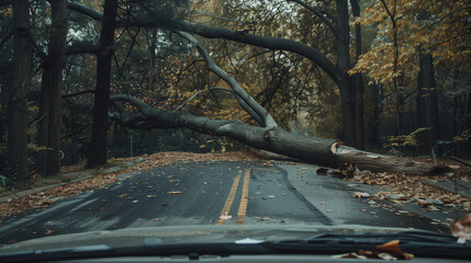 A large tree fallen across a wet road, viewed from inside a car.