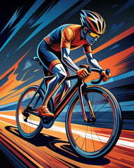 Fototapeta premium A man riding bike line pop art potrait logo colorful design with dark background. Isolated black background for t-shirt, poster, clothing, merch, apparel, badge