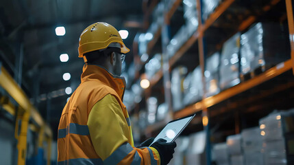 A warehouse worker wearing a hard hat and safety vest uses a tablet to check inventory in a dimly lit warehouse.