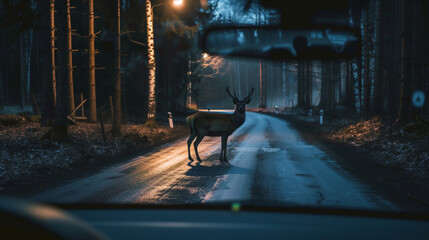 A Red deer standing in the middle of a wet road at dusk. 