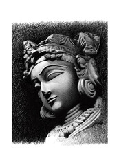 Woman Statue Indian Stone Sculpture Art Black and White Digital Illustration 