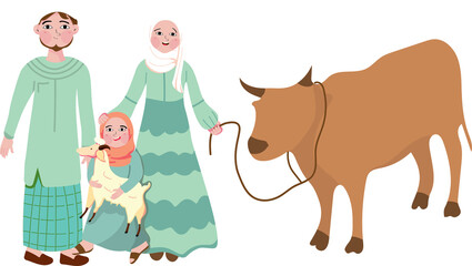 Cheerful Muslim Family Character with Cow