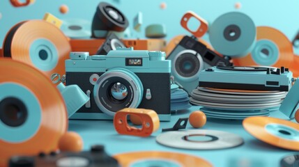 technology gadgets such as cameras, cassette tapes, or vinyl records, background 3d style, realistic.