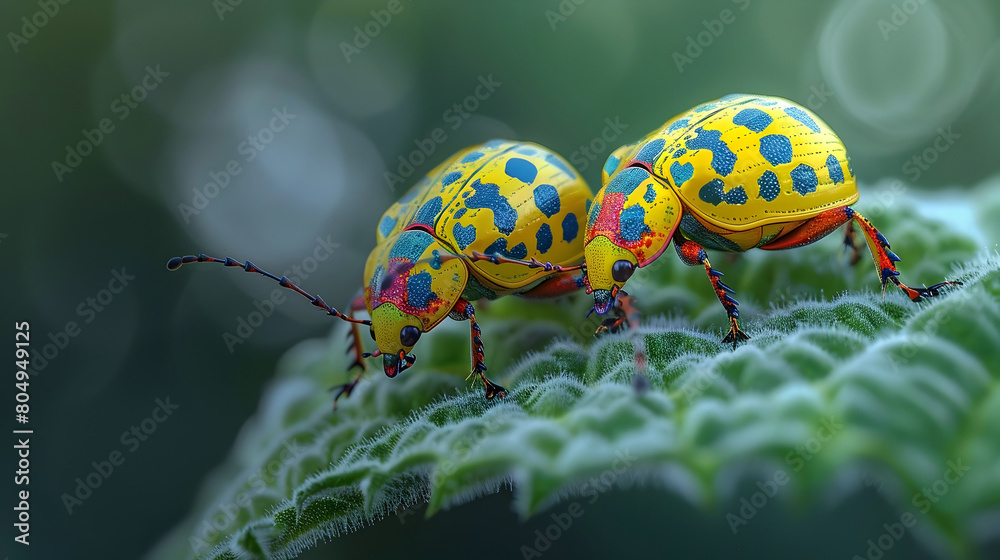 Canvas Prints colorful spotted beetles crawling on lush green leaf showcasing integrated pest management technique