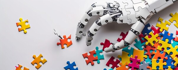 Mechanical hand interacting with colorful puzzle pieces, concept of technology solving problems, isolated on white, Storytelling