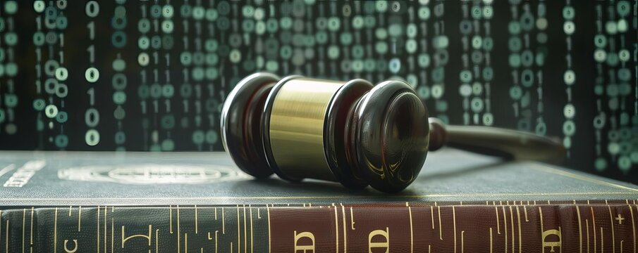 Judges gavel on a book labeled Ethics, with digital binary code in the background, symbolizing legal and moral decisions, Global Perspective