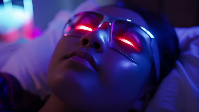 A person wearing a lucid dreaming mask which uses light and sound cues to induce and prolong lucid dream states. .