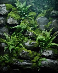 lush green ferns and moss covered rocks in a forest